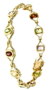 Topaz Citrine Amethyst Peridot Garnet oval Stones Bracelet Real 14K Yellow Gold - Picture 1 of 10