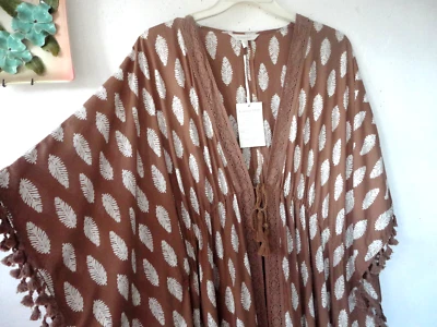 Garnet Hill kaftan cover-up  robe XL 16 18 roomy  flax frond print fringed NWT - Image 1 of 4