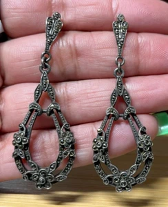 Vintage Sterling Silver 925 Marcasite Art Deco Floral Teardrop Dangle Earrings - Picture 1 of 9
