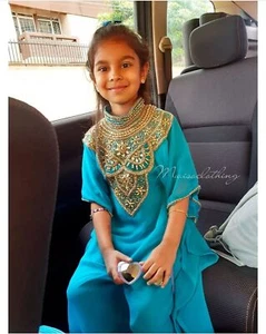 Moroccan Blue Georgette Wedding Stylish Maxi Kaftan Kids Long Party Gown Dress - Picture 1 of 3