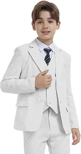 Boys Linen Suit 3 Piece Slim Fit Formal Suit Set Summer Wedding Suit Kids Tuxedo - Picture 1 of 24