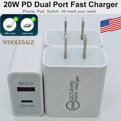 Lote de 20W plugue carregador USB C porta dupla bloco de carregamento rápido + tijolo USB A para iPhone - Imagem 1 de 4