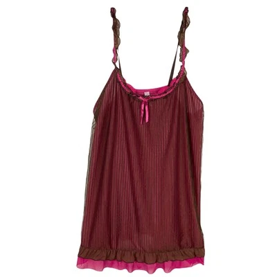 NUEVO SIN ETIQUETAS CACIQUE Top Camisón 14/16 Rosa Lazo Encaje Ribete Volantes Rayas Gasa Forrado Foto 1 de 4