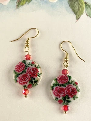 Red Pink Rose Floral Crystal Dangle Drop Gold Earrings Women’s Handmade Jewelry - Image 1 of 4