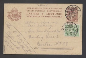 Lettland Ganzsache P4 auffrankiert 30.12.1928 Riga - Berlin - Bild 1 von 1