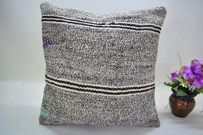 Traditional Gray Hand Knotted Kilim Pillow, 16x16in, Antique Gray Retro Pillow, - Image 1 of 4