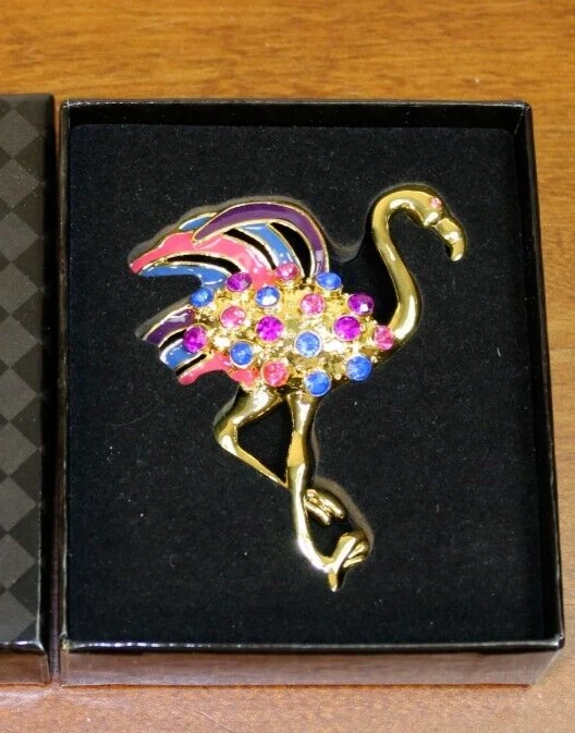 Vintage Signed FIREFLY Family Heirloom Colorful FLAMINGO Rhinestone Beooch