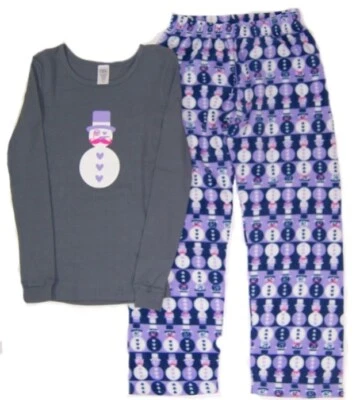 女孩 2 件装雪人睡衣套装全新带标签大号棉质羊毛灰色紫色 — 第 1/3 张图片
