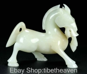 3.7" Old Chinese White Jade Carving Fengshui 12 Zodiac Year Horse Sculpture - Picture 1 of 9