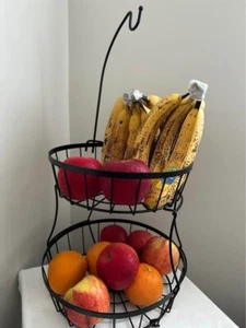 2-Tier Fruit Basket Bowl Stackable Vegetable Storage with Banana Tree Hanger Sta - Picture 1 of 1