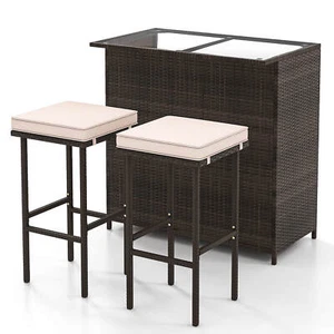 3 PCS Patio Bar Set w/ Tempered Glass Tabletop 2-Tier Storage Removable Cushions - Picture 1 of 10