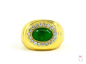 Men's Stunning Natural Green Jadeite Jade Diamond Ring, 18K Yellow Gold. GIA - Picture 1 of 10