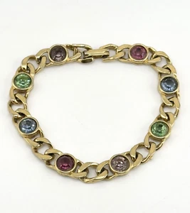 Vintage colorful glass rhinestone gold chain bracelet - Picture 1 of 6