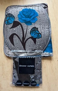 Set aus Duschvorhang, Badematte, WC-Vorleger, Toilettenbezug, grau-blau, neu - Bild 1 von 1