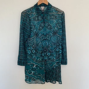 Chico's Travelers Scroll Paisley Mesh Long Shirt Top Gr. 8/10 grün Castle Goblin - Bild 1 von 12