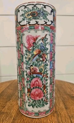 Vaso antigo RARO família chinesa pintado à mão rosa quatro painéis estampado 9,5" - Imagem 1 de 4
