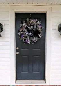 Large 27" Handmade Deco Mesh Halloween Purple Black Wreath With Crow Raven - Picture 1 of 10