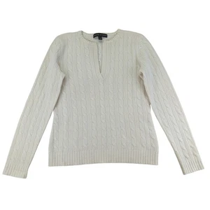 Ralph Lauren Black Label Kaschmirpullover cremefarben Zopfmuster V-Ausschnitt Damen Large - Bild 1 von 9