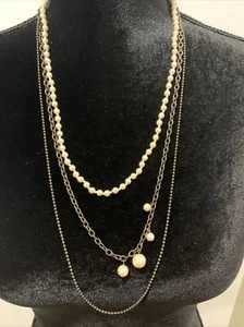 J. CREW BRONZE & FAUX PEARL 3-STRAND NECKLACE (F-133) - Picture 1 of 5