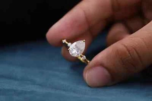 2Ct Pear Cut Lab-Created Diamond Women's Wedding Ring 14k Yellow Gold Plated - Picture 1 of 6