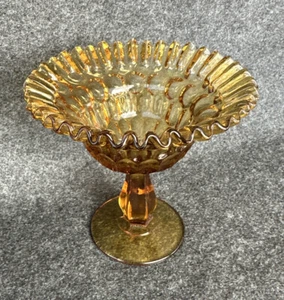 Vintage FENTON Colonial Amber Thumbprint Crimped Ruffled 5-1/2" Pedestal Compote - Picture 1 of 24