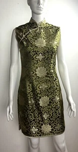 Abito Cheonsam Qipao verde seta raso floreale cinese collo alto donna S - Foto 1 di 13