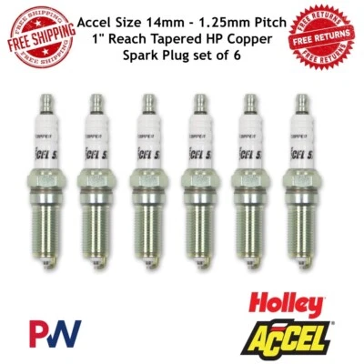 Accel Size 14mm - 1.25mm Pitch 1" Reach Tapered HP Copper Spark Plug set of 6 - Image 1 of 4