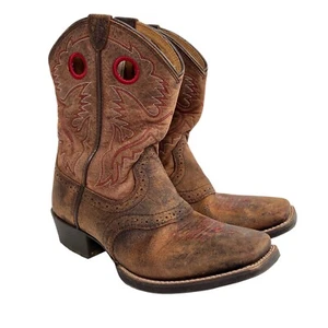 Ariat Brown Leather Square Toe Red Embroidered Block Heel Cowgirl Boots Size 5.5 - Foto 1 di 13
