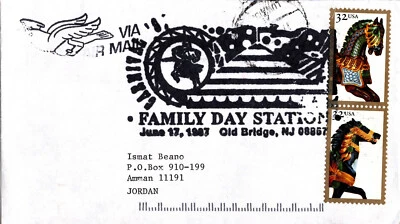 USA 1997 COVER SENT FROM OLD BRIDGE, NJ FAMILY DAY STATION TO JORDAN  TWO STAMPS - Image 1 of 4
