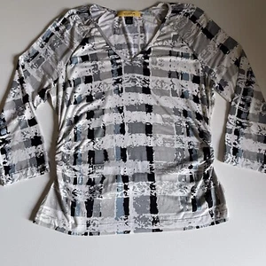 Top ST JOHN blanco gris negro manga 3/4 cuello en V lados reunidos para mujer mediano - Imagen 1 de 7