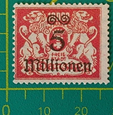 Sello de Gdansk 1923, DANZIG-5mil m sobre 10000m rosa, Wmk. 109, Perf. 14, MLH Foto 1 de 4