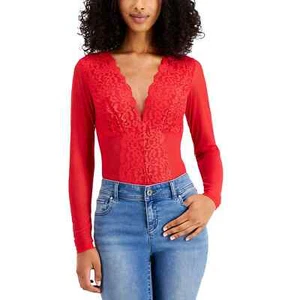 INC International Concepts Not So Basic LS Lace Mesh Bodysuit Red NWT $50 Large - Picture 1 of 12