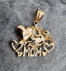 14k .585 Yellow Gold MA Michael Anthony MOM Heart Angel Pendant Au 24173 - Picture 1 of 11