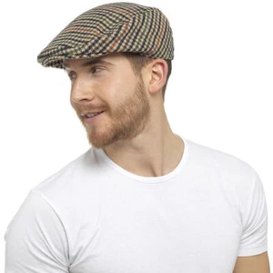 Mens/Ladies Tweed Wool Herringbone/Check Flat Cap Peak Hat with Quilted Lining - Picture 1 of 13