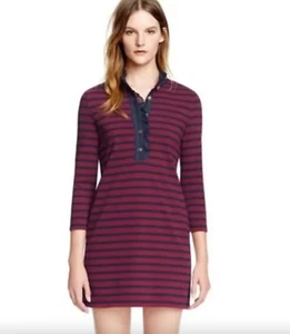 NWT TORY BURCH Striped Polo Mini Shirts Dress Burgundy/Navy XS - Picture 1 of 3