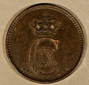 1891 C.S. Denmark 5 Ore Extra Nice Circulated Coin     - Picture 1 of 2