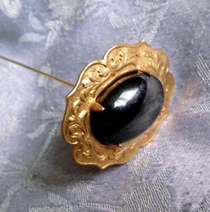 HATPIN with BLACK STONE CABOCHON on Gold Finish - 8 inch Victorian Style - Picture 1 of 9