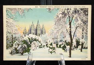 Postcard Mormon Temple Grounds in Winter Salt Lake City Utah UT Linen - Picture 1 of 1