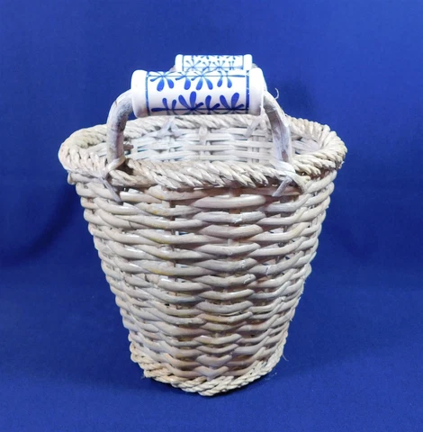 Tall Shabby Chic Gray Whitewash Wicker Basket with Blue White Ceramic Handles Cover