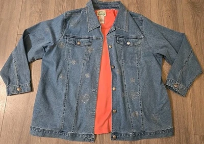 Quacker Factory Women’s 1X Denim Jacket & Coral Shirt Set – Rhinestone Hearts  - Image 1 of 4