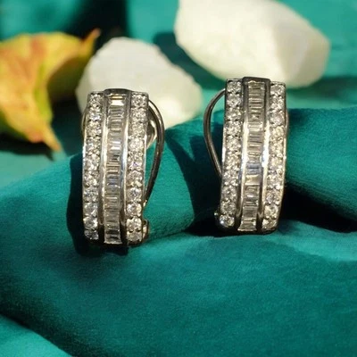 Pave 1.84 Cts Round Baguette Natural Diamonds Three-Row Stud Earrings 14K Gold - Image 1 of 4