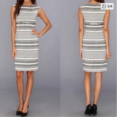 Calvin Klein Sheath Dress Ivory Gray Striped 12 P Career Office Neutral  - Image 1 of 3