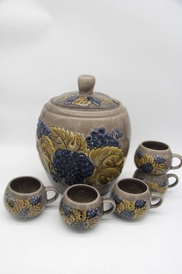 W. Germany Bowle Gefäß Keramik + Becher Weinreben grau blau Rumtopf 5L 135 136 - Bild 1 von 4
