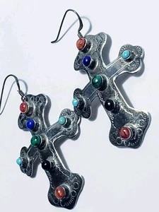Indianer Sterling Silber Kreuz Ohrringe .925 Türkis, Koralle, Lapis Onyx - Bild 1 von 15