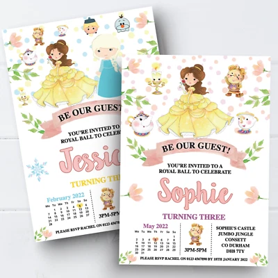 Personalised Disney Princess Birthday Party Invitations Belle Elsa Invites x10 - Image 1 of 4