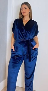 Lili London jumpsuit plus size 16 18 20 22 blue velvet feel party occasion - Picture 1 of 8