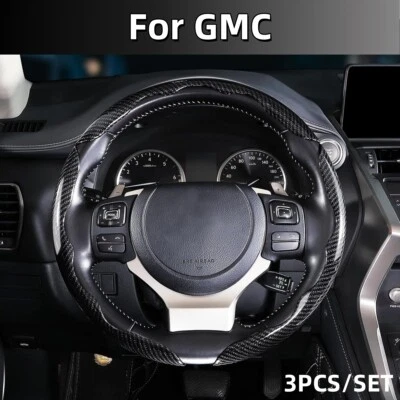 For GMC 3pcs 15" Clip on Car Carbon Fiber Auto Steering Wheel Cover Set Non-slip - Image 1 of 4