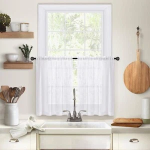 2 Panel Rustic Linen Sheer Short Curtains Kitchen Small Window Drapes Cafe Tiers - Picture 1 of 63
