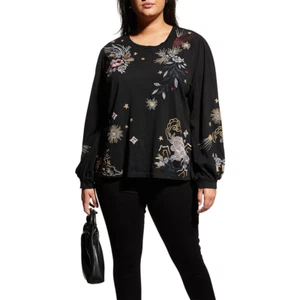 Johnny Was Selah Cuffed Puff Long Sleeve Tee Black Crew Neck Floral Shirt M New - Picture 1 of 12