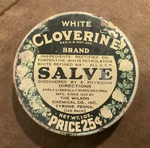 WHITE CLOVERINE BRAND SALVE - VINTAGE MEDICAL TIN - 7/8" high x 2 5/8" diameter! - Imagen 1 de 3